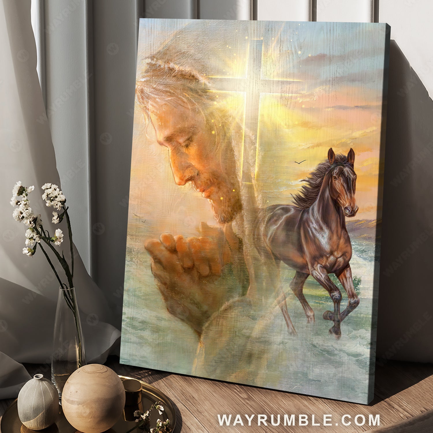The face of Jesus, Pray for healing, Brown horse, Cross symbol - Jesus Portrait Canvas Prints, Christian Wall Art