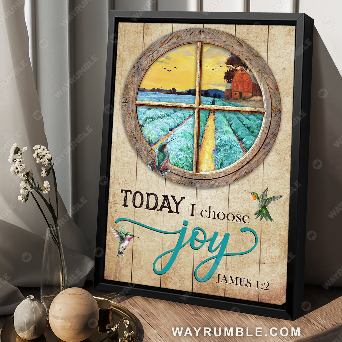 Blue flower farm, Vineyard, Circle window, Hummingbird, Today I choose joy - Jesus Portrait Canvas Prints, Wall Art