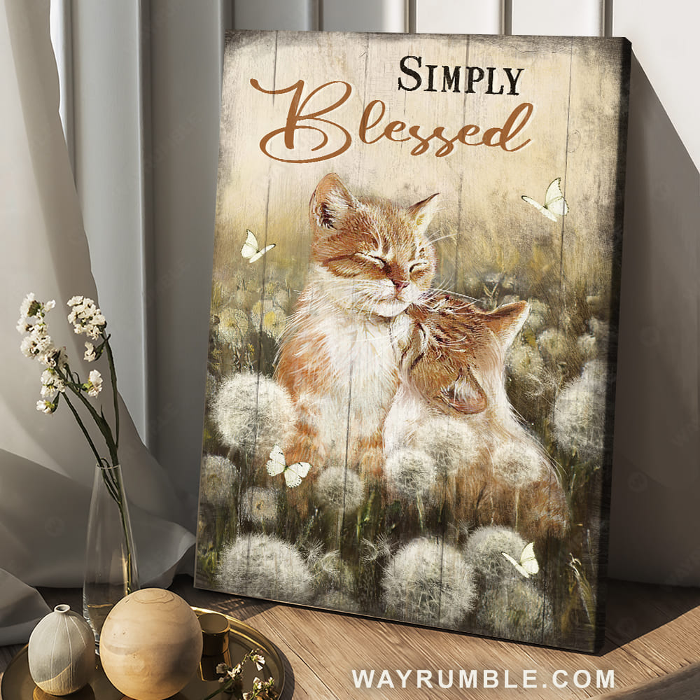 Cute cat drawing, Dandelion field, White butterfly, Simply blessed - Jesus Portrait Canvas Prints, Christian Wall Art