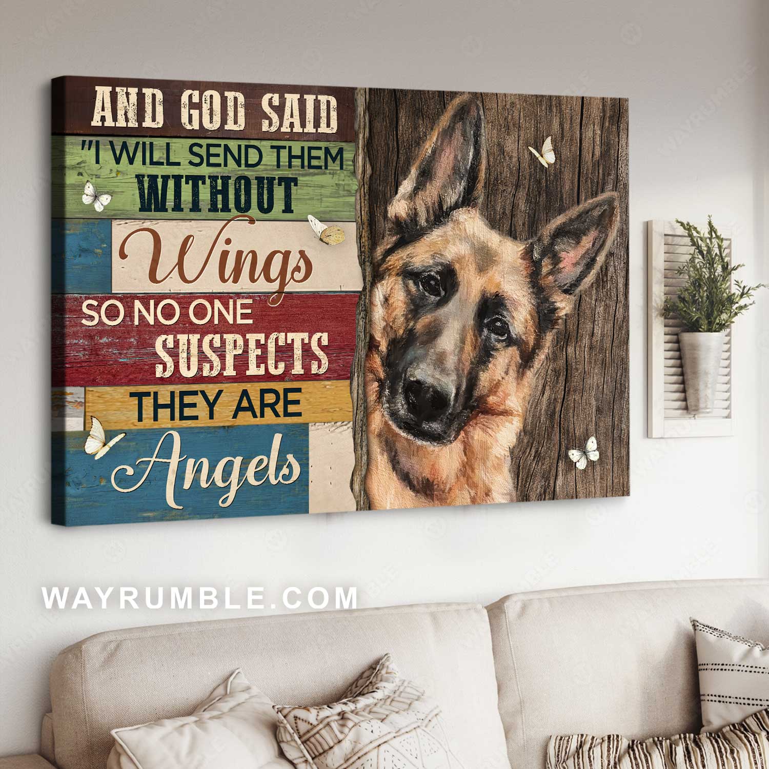 Stunning German Shepherd, Butterfly drawing, I will send them without wings - Jesus Landscape Canvas Prints, Home Decor Wall Art