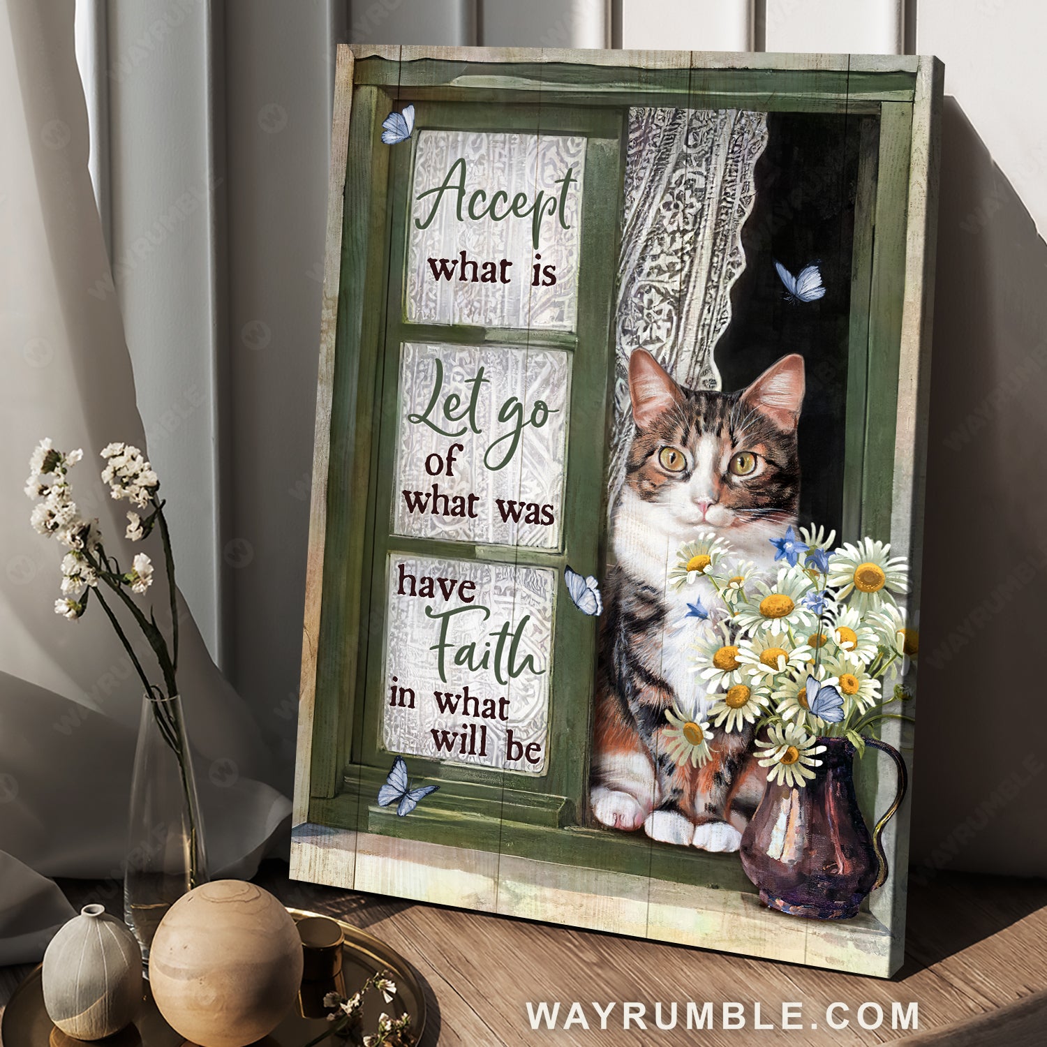 Angry cat, Daisy vase, Green window, Accept what is let go - Jesus Portrait Canvas Prints, Home Decor Wall Art