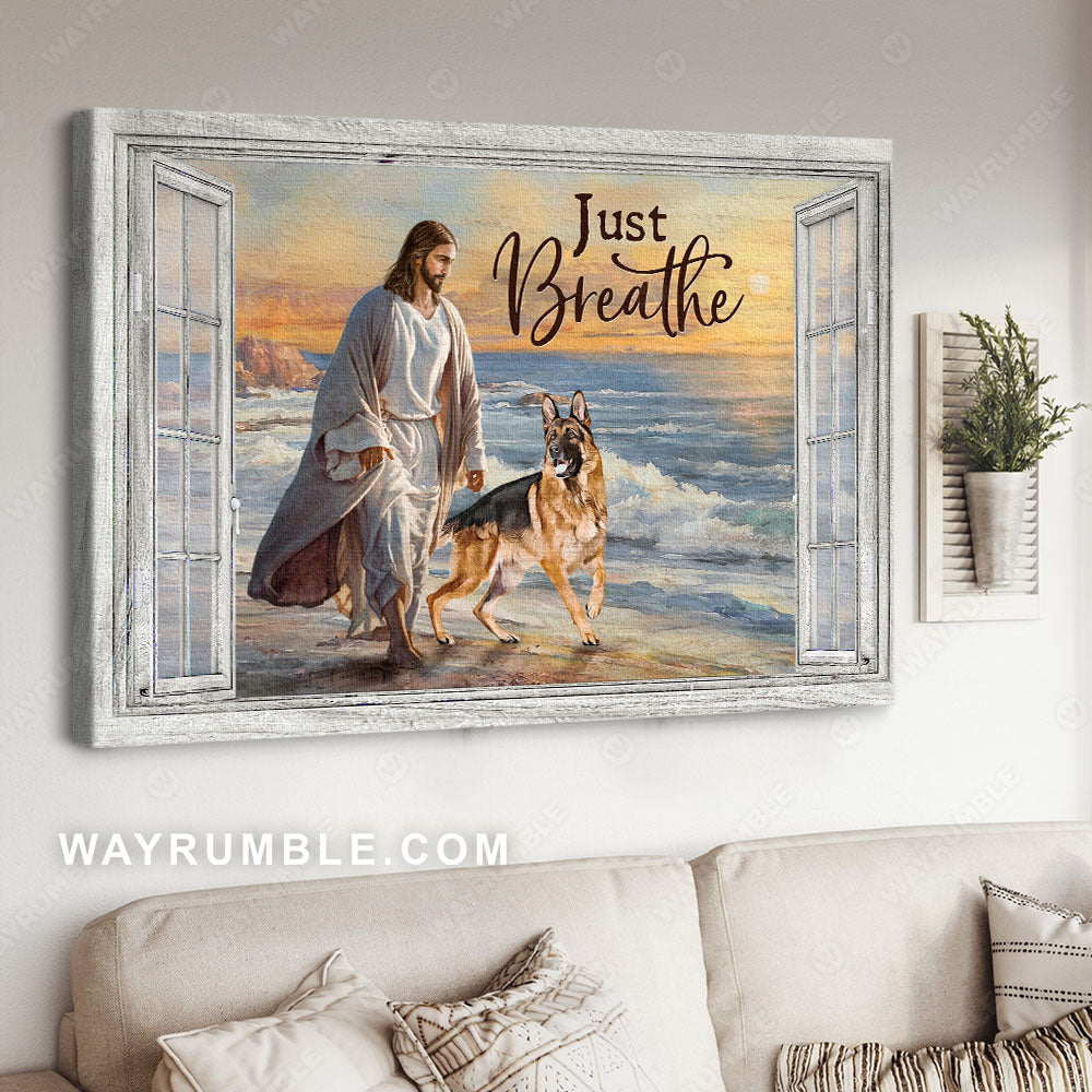 Walking with Jesus, German shepherd dog, Sunset, Just breathe - Jesus Landscape Canvas Prints, Christian Wall Art