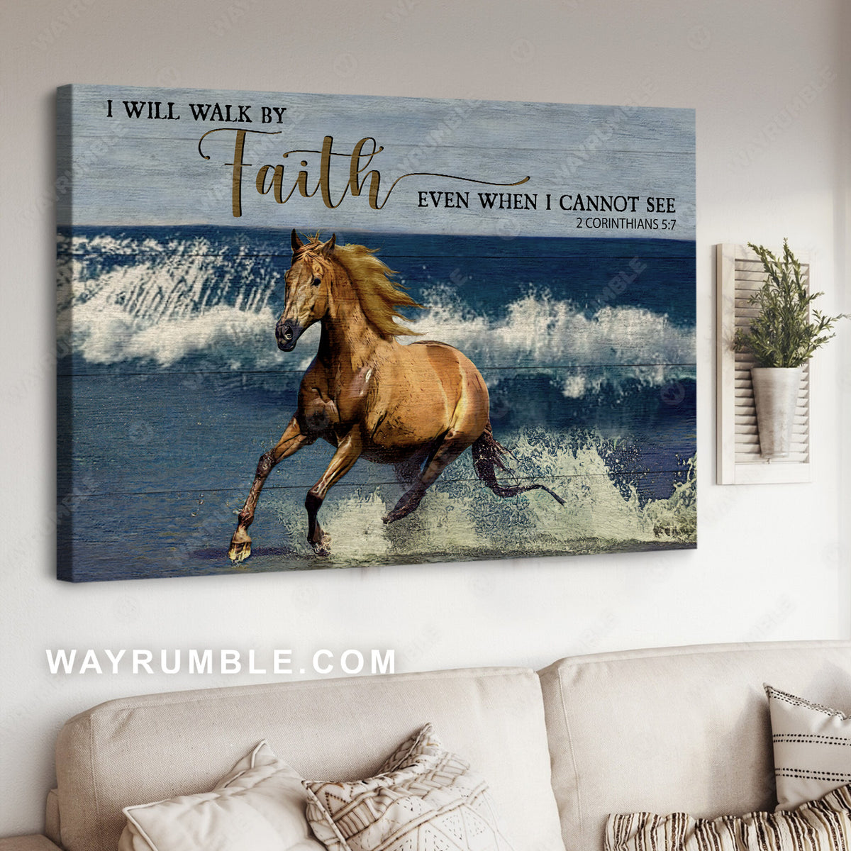 Blue ocean painting, Running horse, I will walk by faith even when I cannot see - Jesus Landscape Canvas Prints, Christian Wall Art