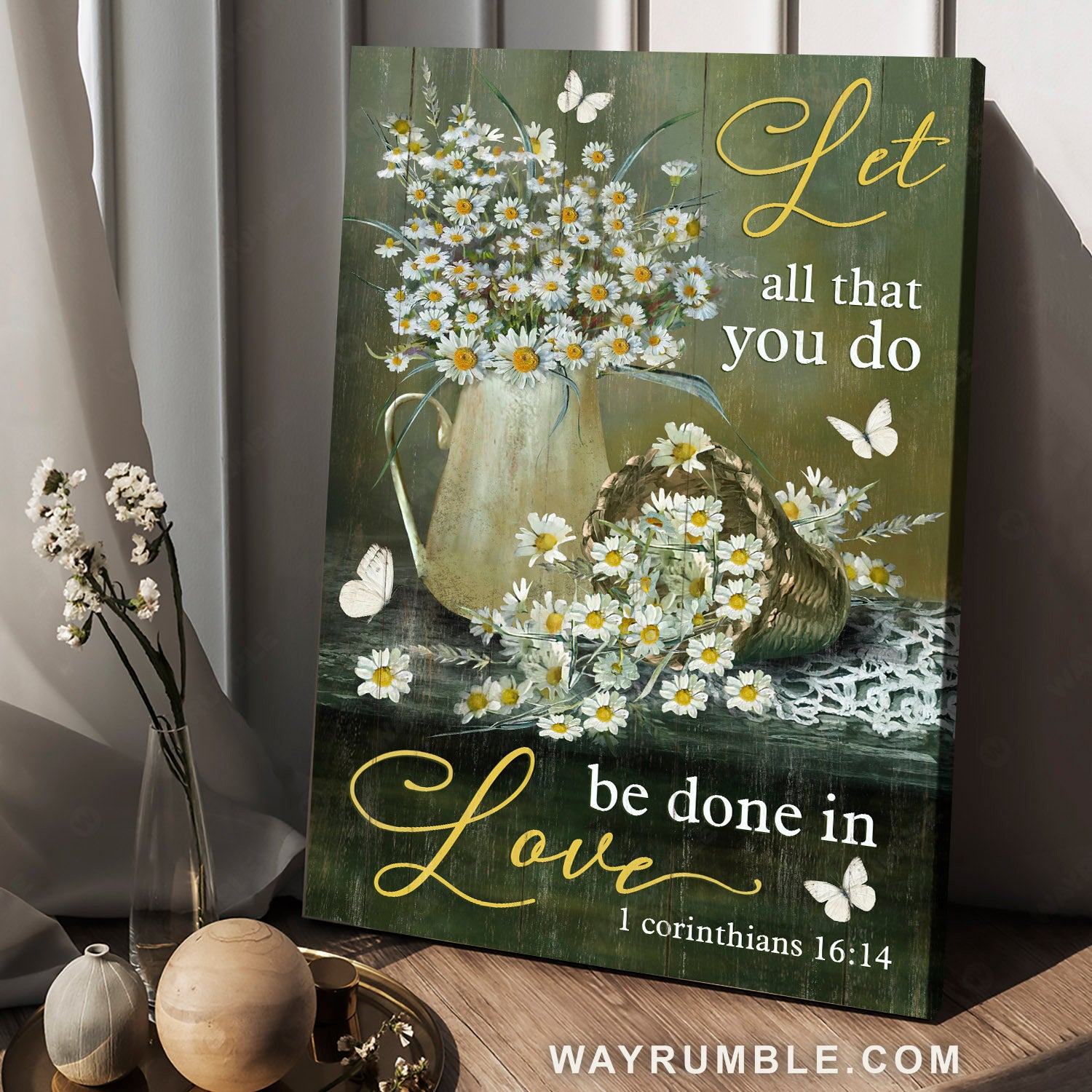 Vintage daisy, Beautiful flower, Butterfly, Let all that you do be done in love - Jesus Portrait Canvas Prints, Christian Wall Art