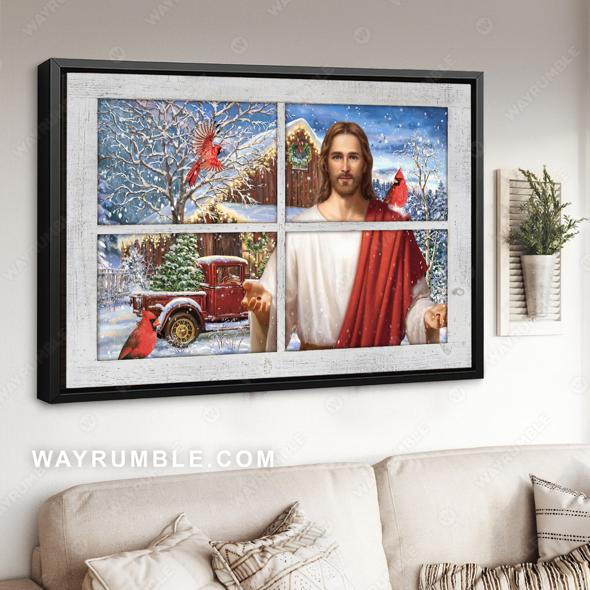 Christmas house, Happy Christmas with Jesus, Lovely cardinal - Jesus Landscape Canvas Prints, Home Decor Wall Art