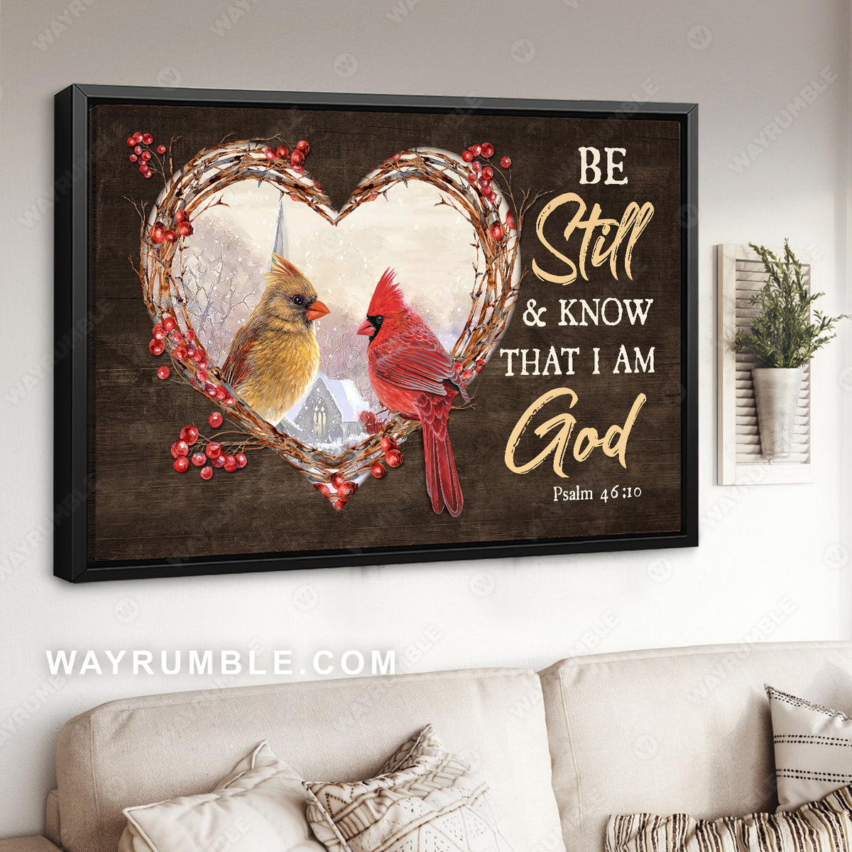 Cranberry heart, Beautiful cardinal, Winter, Be still and know that I am God - Jesus Landscape Canvas Prints, Christian Wall Art