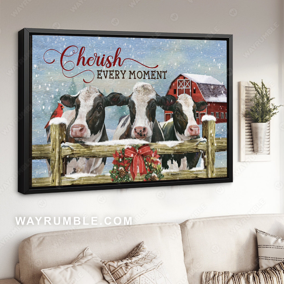 Dairy cow farm, Christmas wreath, Winter vibe, Cherish every moment - Jesus Landscape Canvas Prints, Home Decor Wall Art