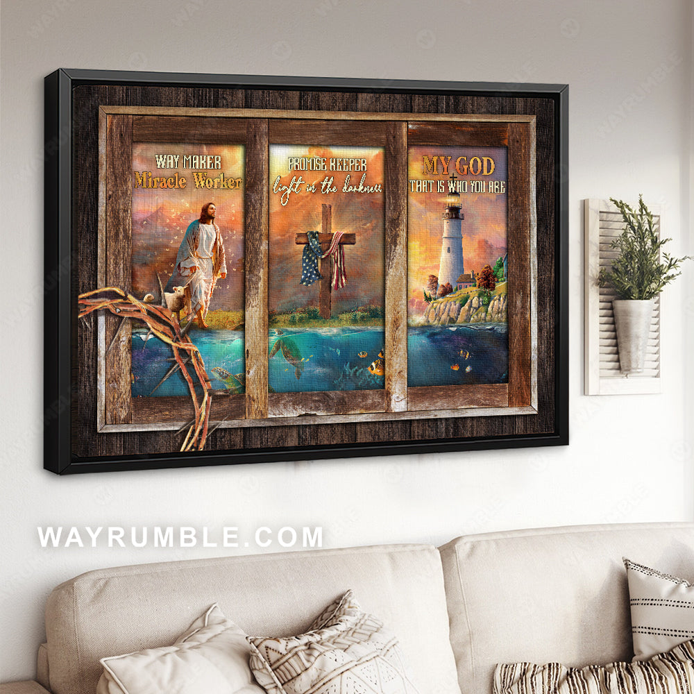 Jesus painting, Lighthouse drawing, Cross symbol, Way maker - Jesus Landscape Canvas Prints, Christian Wall Art