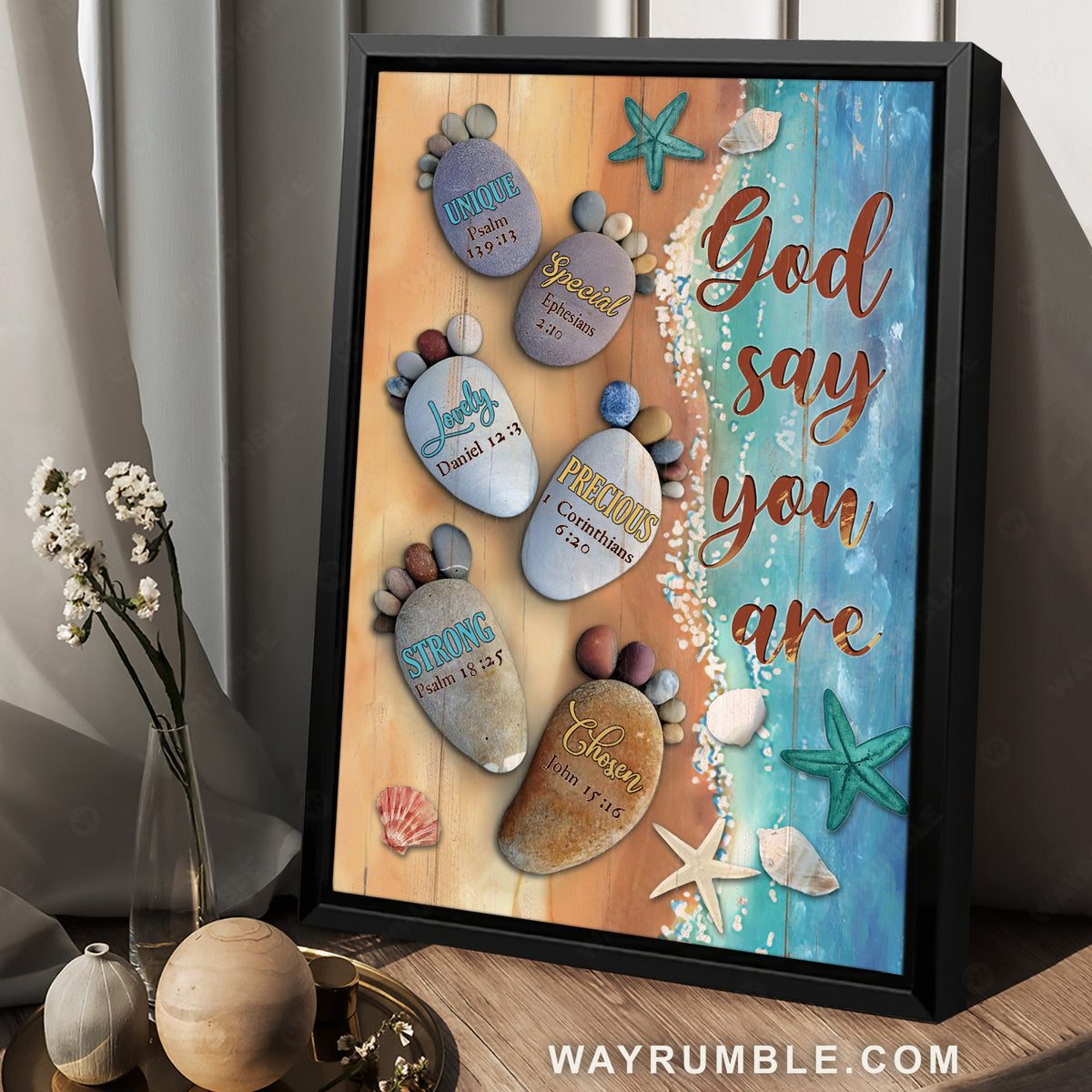 Stone drawing, Blue ocean, Footprint painting, God says you are - Jesus Portrait Canvas Prints, Christian Wall Art