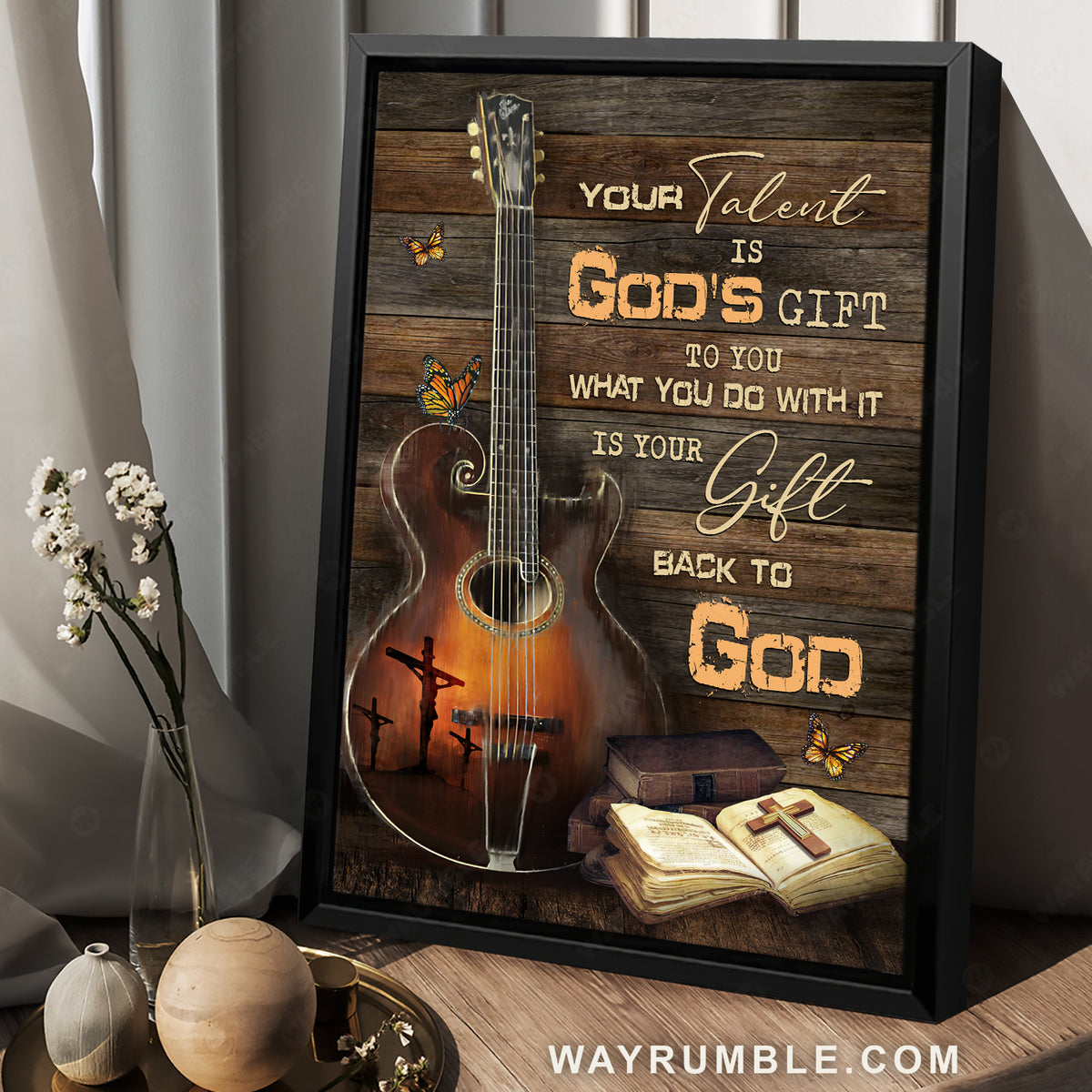 Beautiful guitar, Antique bible, Butterfly, Your talent is God&#39;s gift to you - Jesus Portrait Canvas Prints, Christian Wall Art