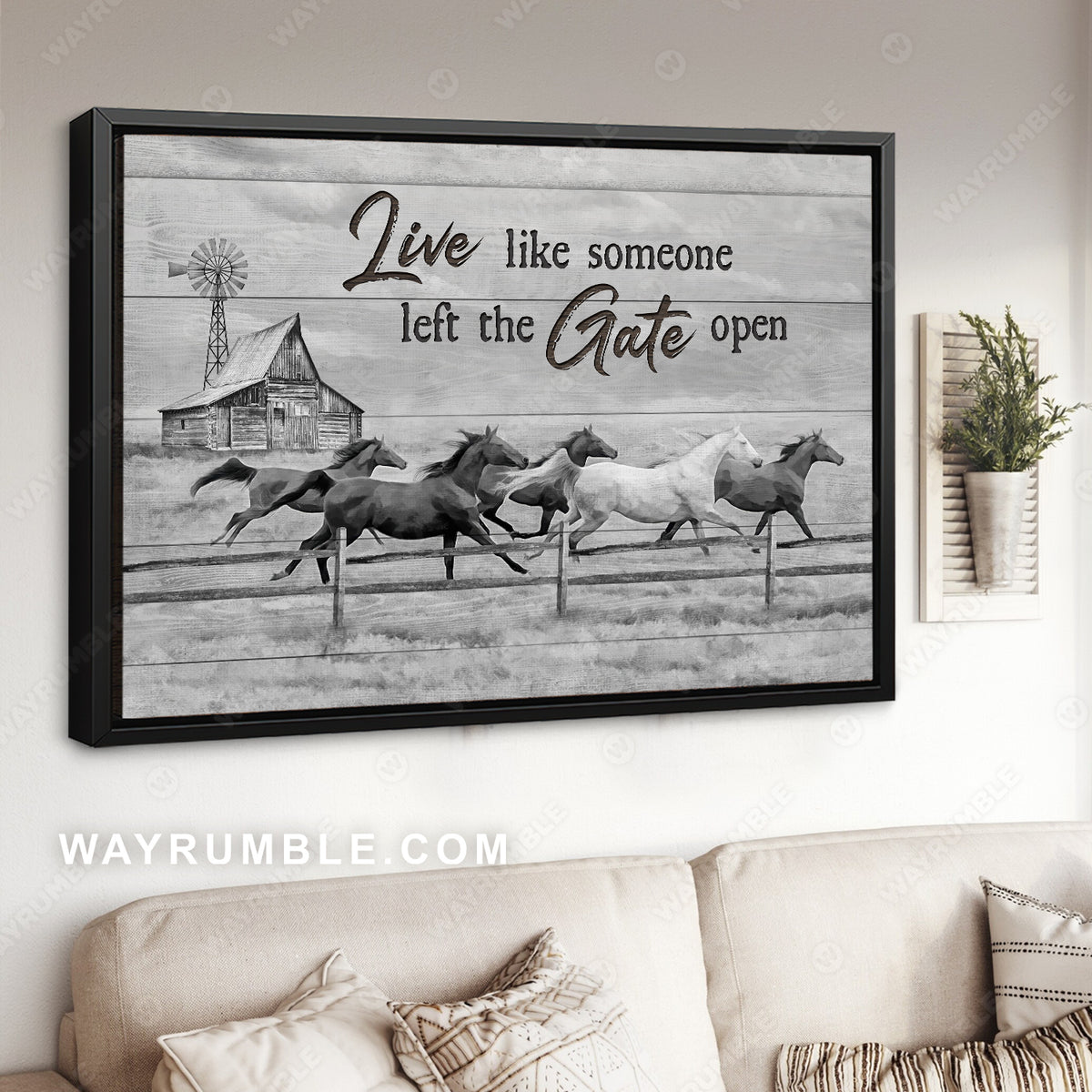 Black and white drawing, Running horse, Live like someone left the gate open - Jesus Landscape Canvas Prints, Home Decor Wall Art