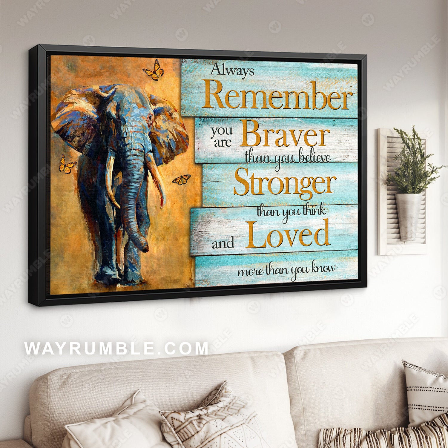 Watercolor elephant, Pretty butterfly, Orange background, Always remember you are braver - Jesus Landscape Canvas Prints, Christian Wall Art