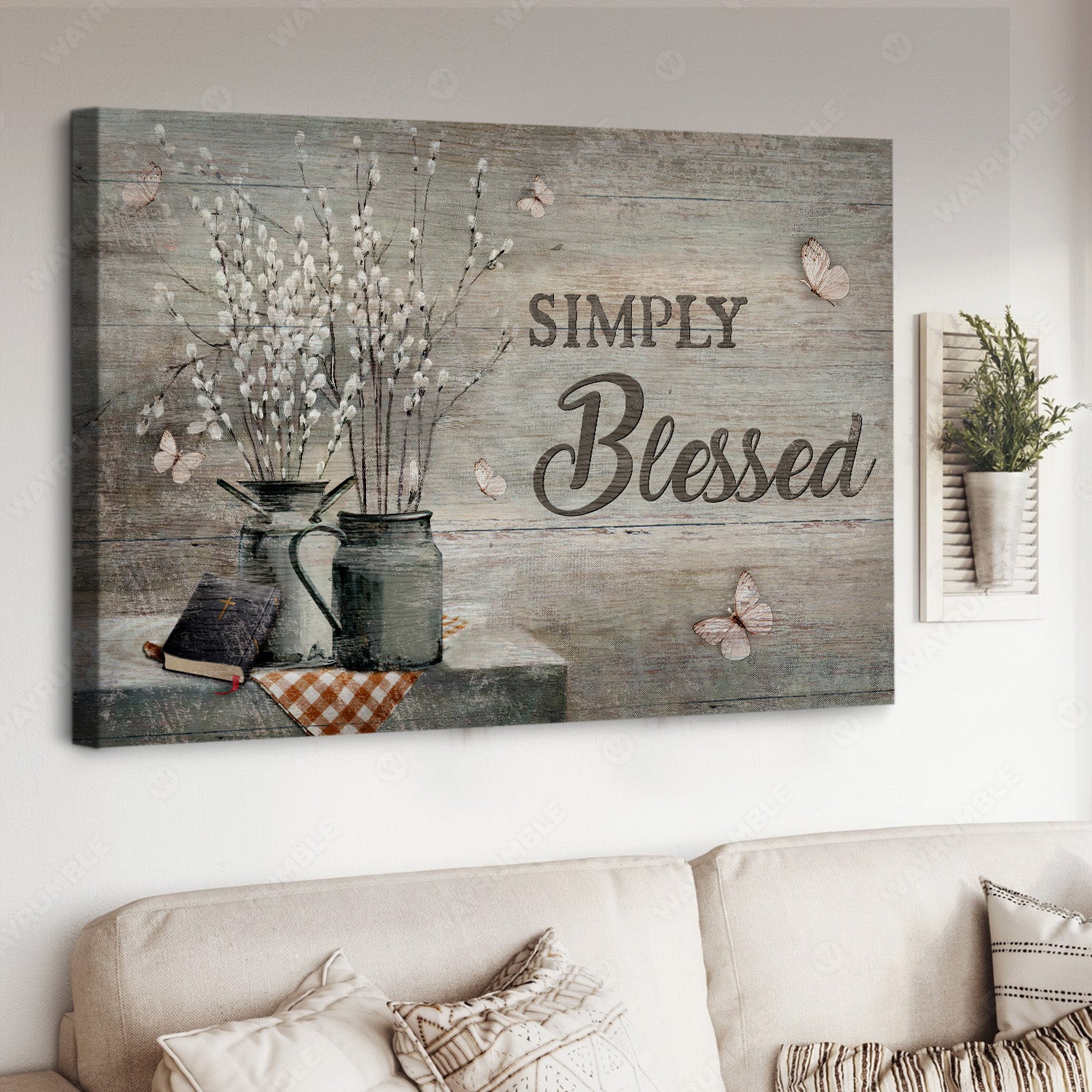 Baby flower vase, Antique bible, White butterfly, Simply blessed - Jesus Landscape Canvas Prints, Christian Wall Art