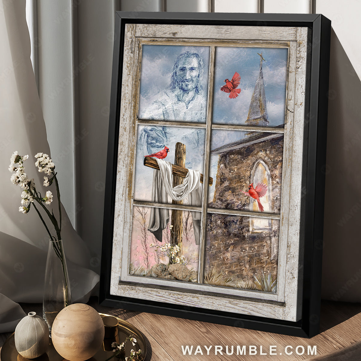 Old church, Wooden cross, Red cardinal, Walking with Jesus - Jesus Portrait Canvas Prints, Home Decor Wall Art