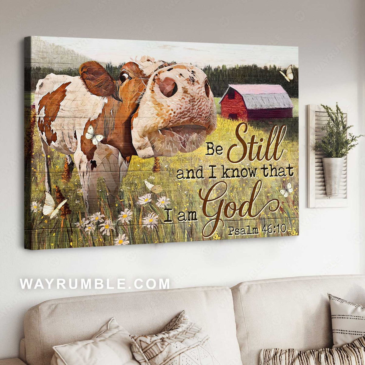Beautiful dairy cow, Green flower field, Be still and know that I am God - Jesus Landscape Canvas Prints, Home Decor Wall Art