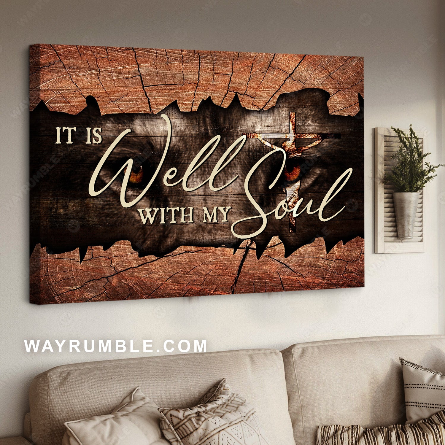 Wooden frame, Jesus on the cross, Lion eyes, It is well with my soul - Jesus Landscape Canvas Prints, Home Decor Wall Art