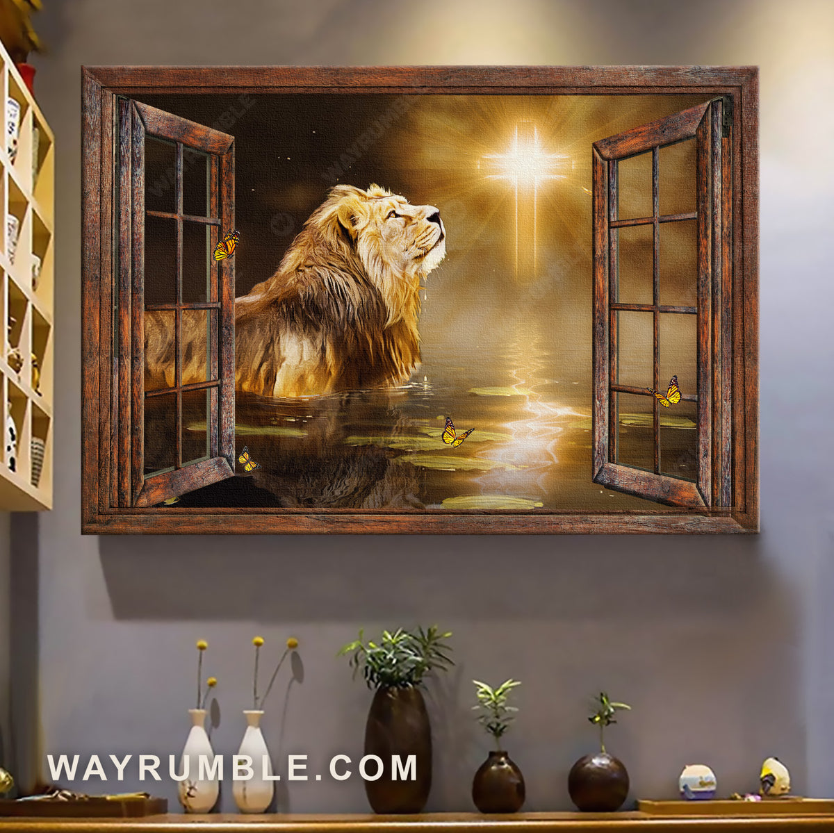 Lion of Judah, Light cross, Magic lake, Beautiful night - Jesus Landscape Canvas Prints, Christian Wall Art