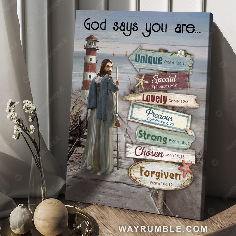 Life of Jesus, Lighthouse drawing, Ocean, God says you are unique - Jesus Portrait Canvas Prints, Christian Wall Art