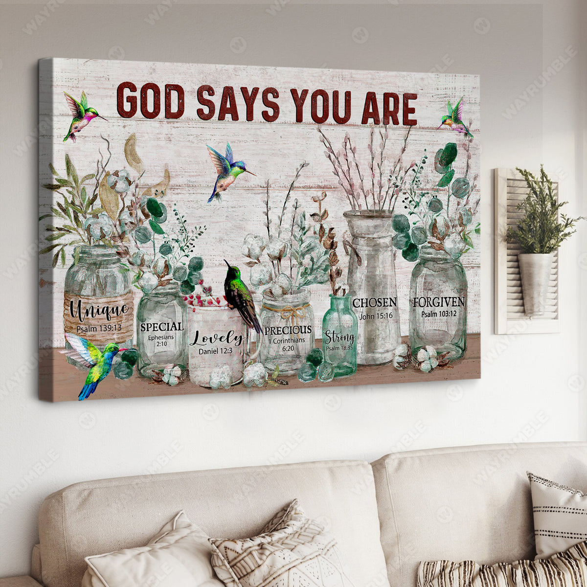 Cotton flower, Vintage garden, Hummingbird, God says you are unique - Jesus Landscape Canvas Prints, Christian Wall Art