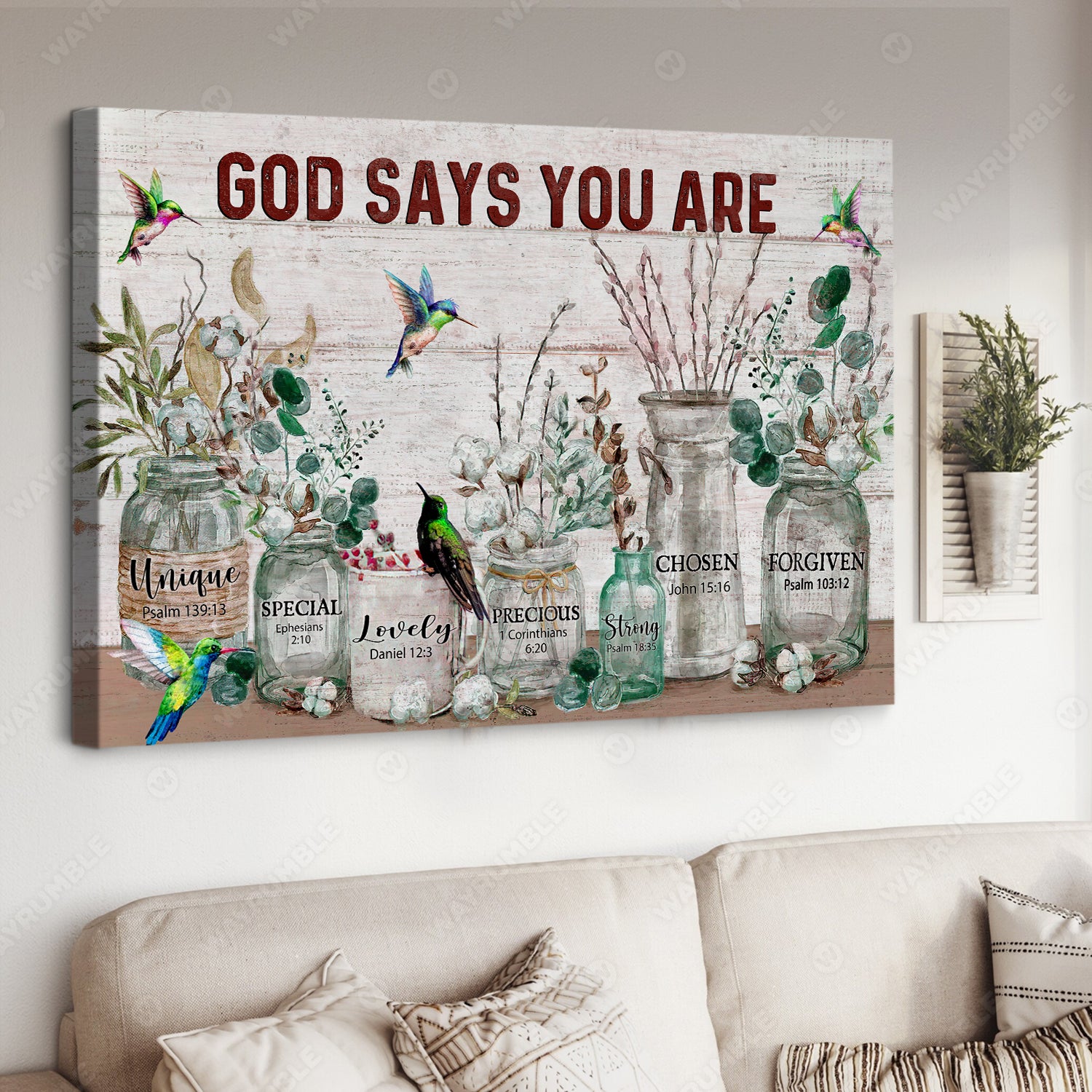 Cotton flower, Vintage garden, Hummingbird, God says you are unique - Jesus Landscape Canvas Prints, Christian Wall Art