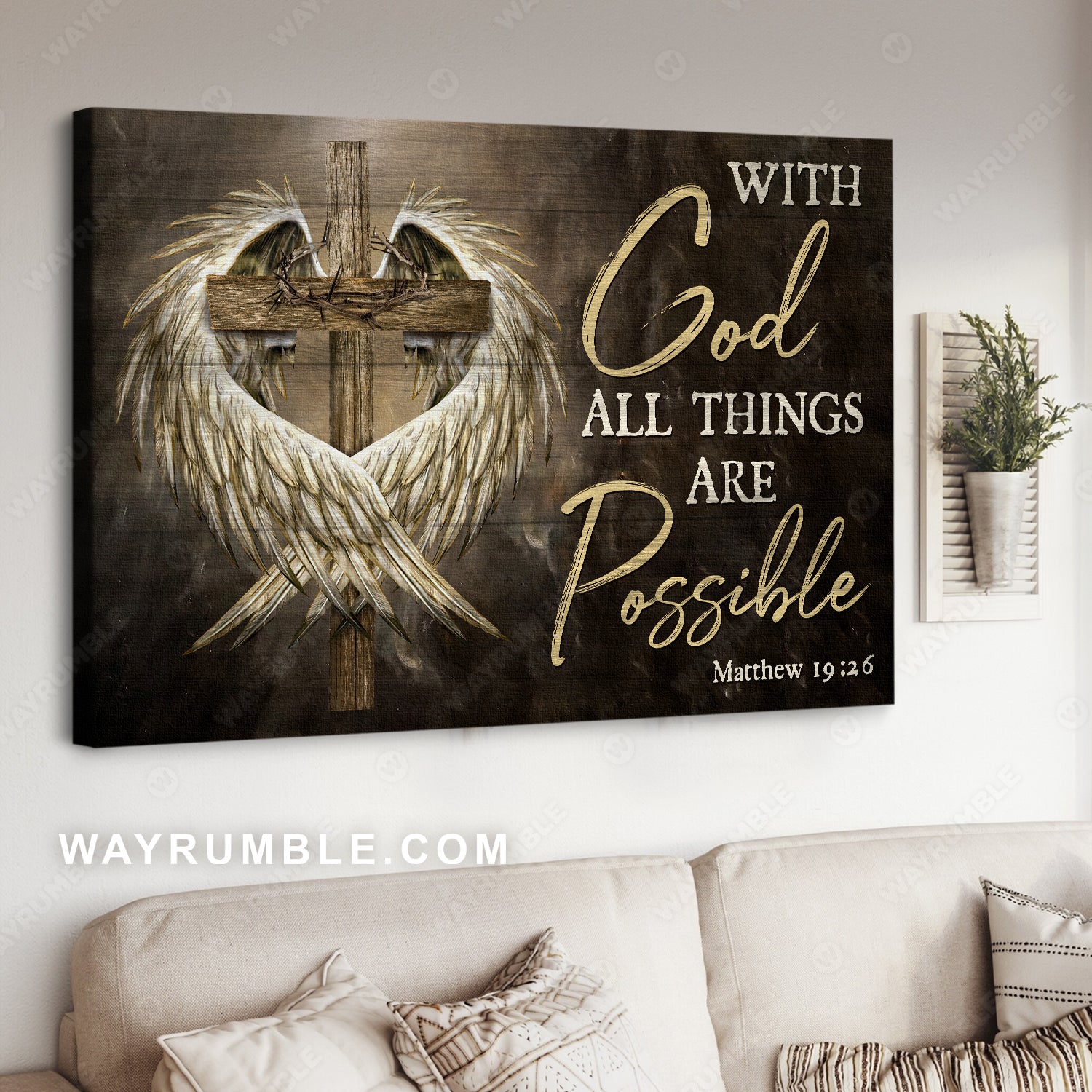 Stunning wings, Wooden cross, Crown of thorn, With God all things are possible - Jesus Landscape Canvas Prints, Christian Wall Art