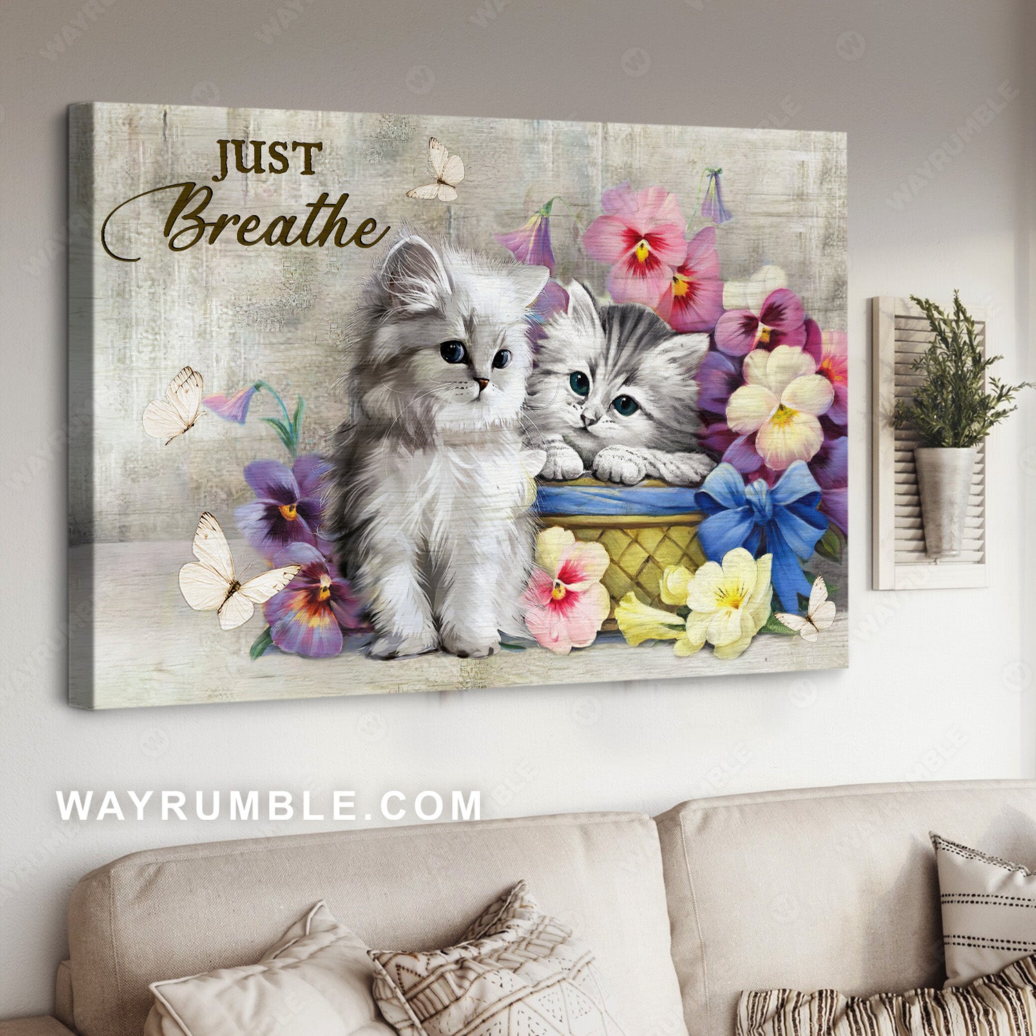 White cat, Brilliant flower, Gift for cat lover, Pretty butterfly, Just breathe - Jesus Landscape Canvas Prints, Christian Wall Art