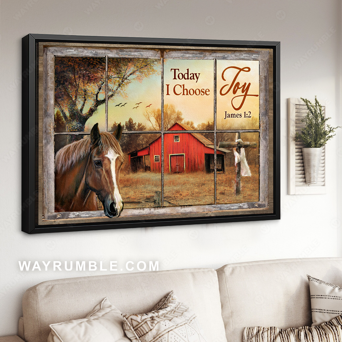 Beautiful horse, Colorful sunset, Red house, Cross, Today I choose joy - Jesus Landscape Canvas Prints, Christian Wall Art
