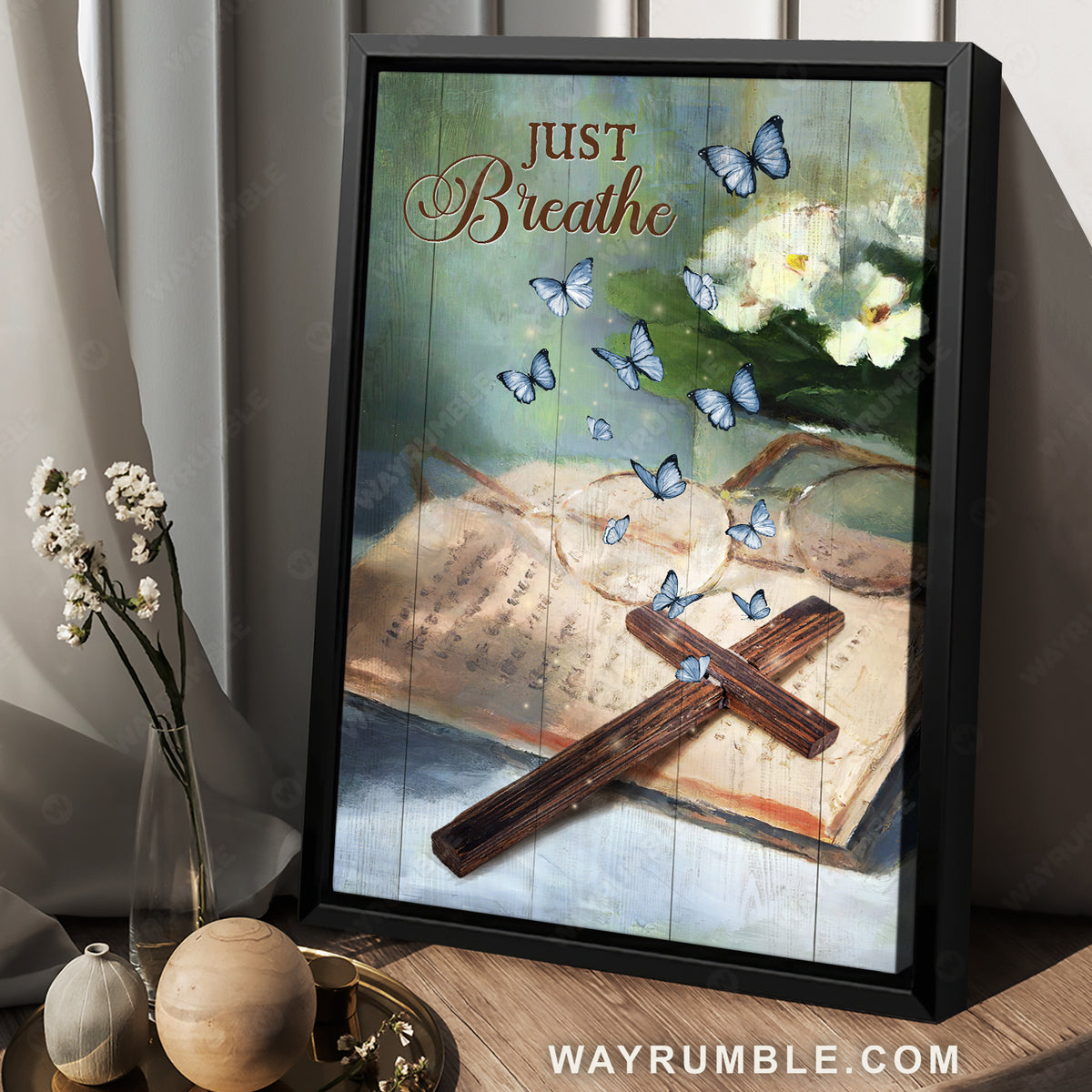 Blue butterfly, Wooden cross, Bible, Jasmine flower, Just breathe - Jesus Portrait Canvas Prints, Living Room Wall Art