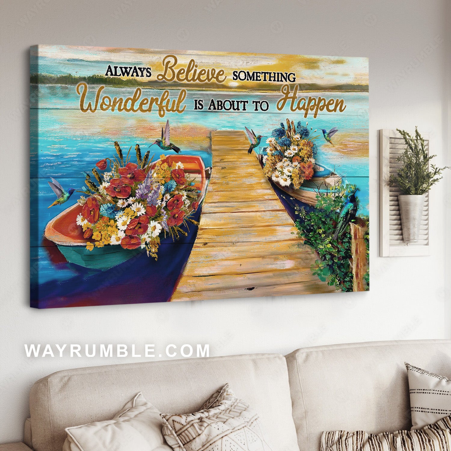 Flower boat, Blue ocean, Hummingbird, Always believe something wonderful - Jesus Landscape Canvas Prints, Christian Wall Art