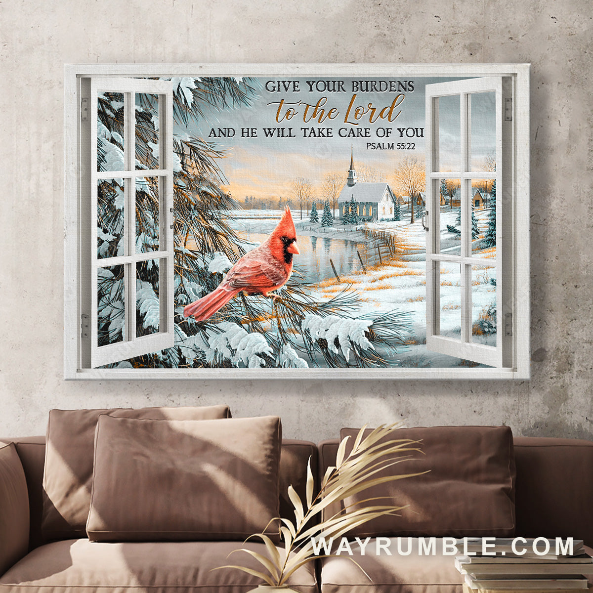 Frozen forest, Little cardinal, Give your burdens to the Lord - Jesus Landscape Canvas Prints, Home Decor Wall Art