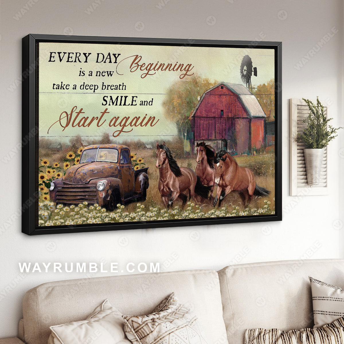 Old ladybug car, Brown horse, Sunflower, Every day is a new beginning - Jesus Landscape Canvas Prints, Christian Wall Art