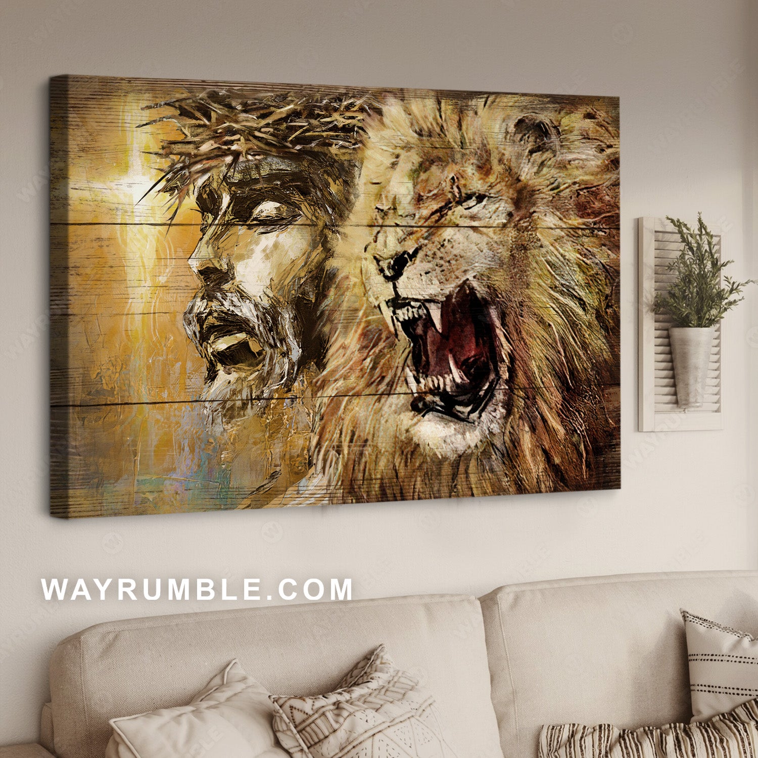 Angry lion, Stunning Jesus face, Yellow background, Jesus painting - Jesus Landscape Canvas Prints, Home Decor Wall Art