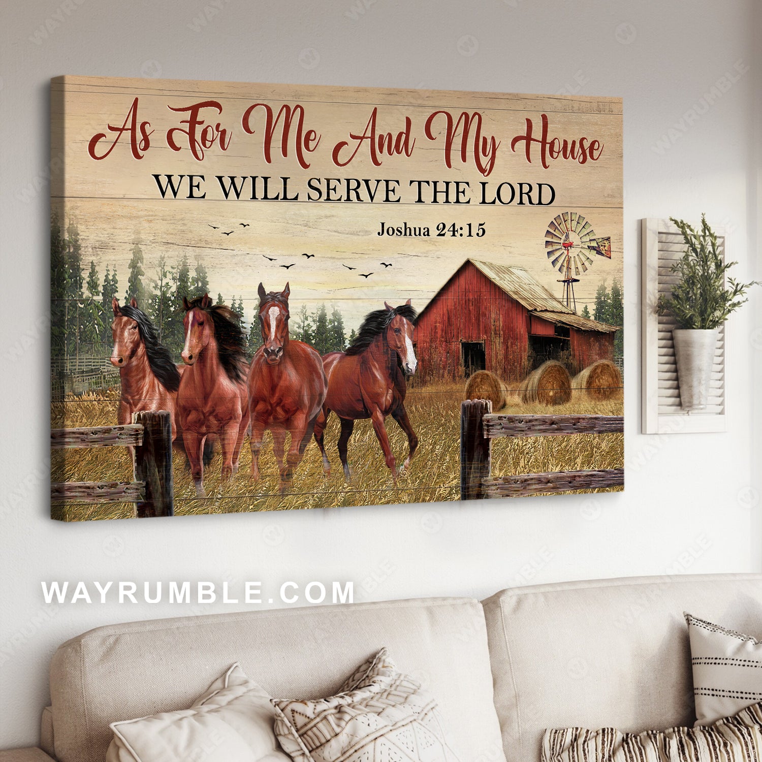 Running horses, Rice field, Old barn, Windmill, We will serve the Lord - Jesus Landscape Canvas Prints, Christian Wall Art