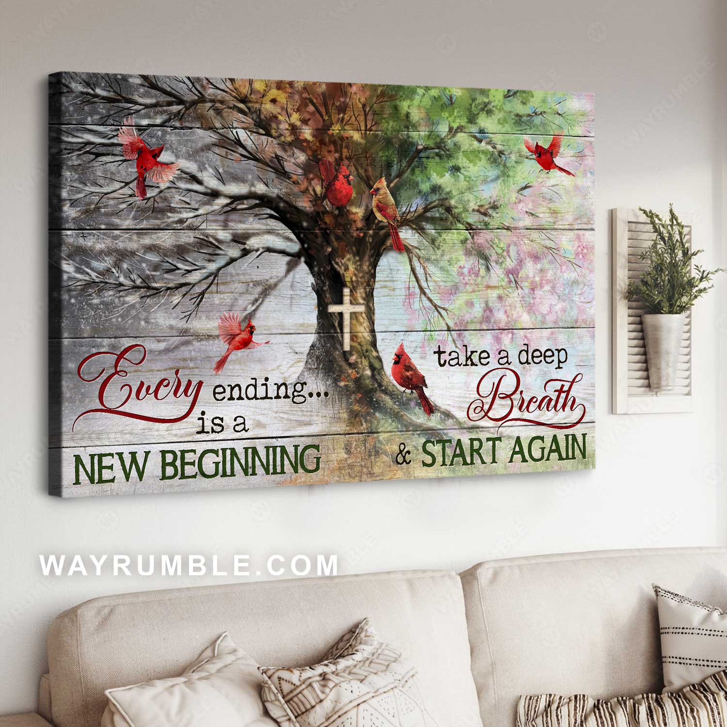 Amazing tree, Four seasons tree, Cardinal, Every ending is a new beginning - Jesus Landscape Canvas Prints, Christian Wall Art
