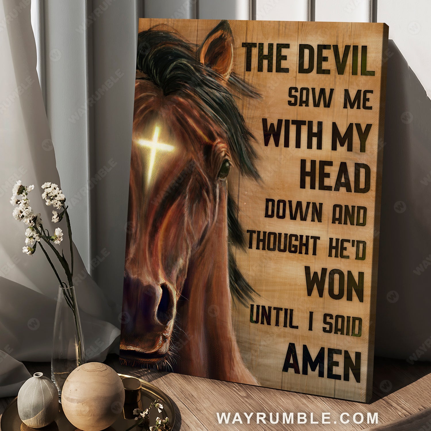 Face of horse, Brown horse, Cross symbol, The devil saw me with my head - Jesus Portrait Canvas Prints, Christian Wall Art