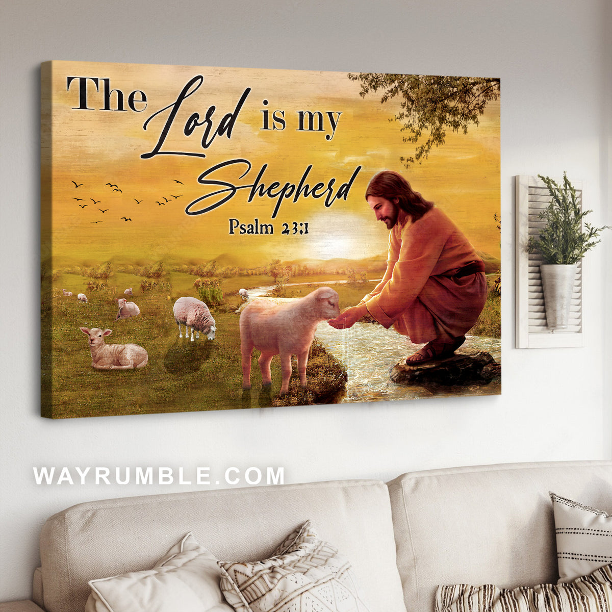 Jesus with Lamb, Happy farm, Stunning sunset, The Lord is my shepherd - Jesus Landscape Canvas Prints, Christian Wall Art