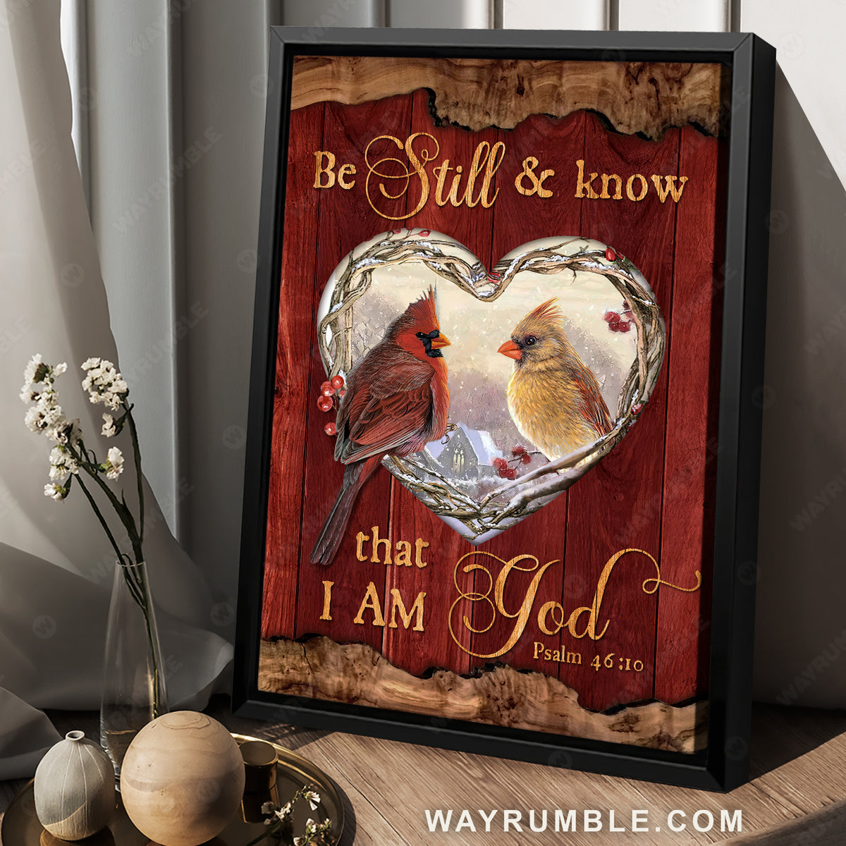 Pretty winter painting, Cardinal couple, Be still and know that I am God - Jesus Portrait Canvas Prints, Home Decor Wall Art