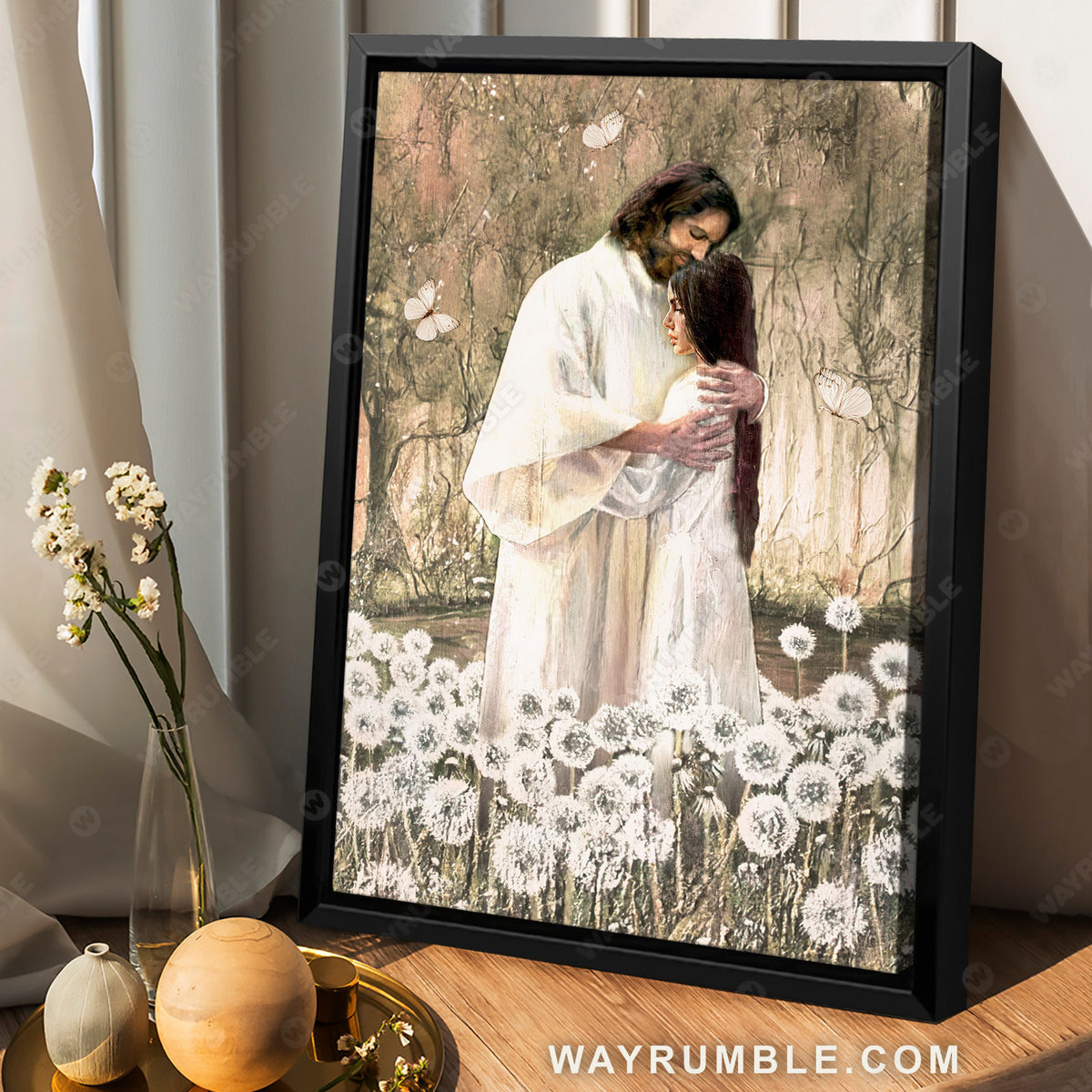 Walking with Jesus, Pretty dandelion field, The world in his arm - Jesus Portrait Canvas Prints, Christian Wall Art