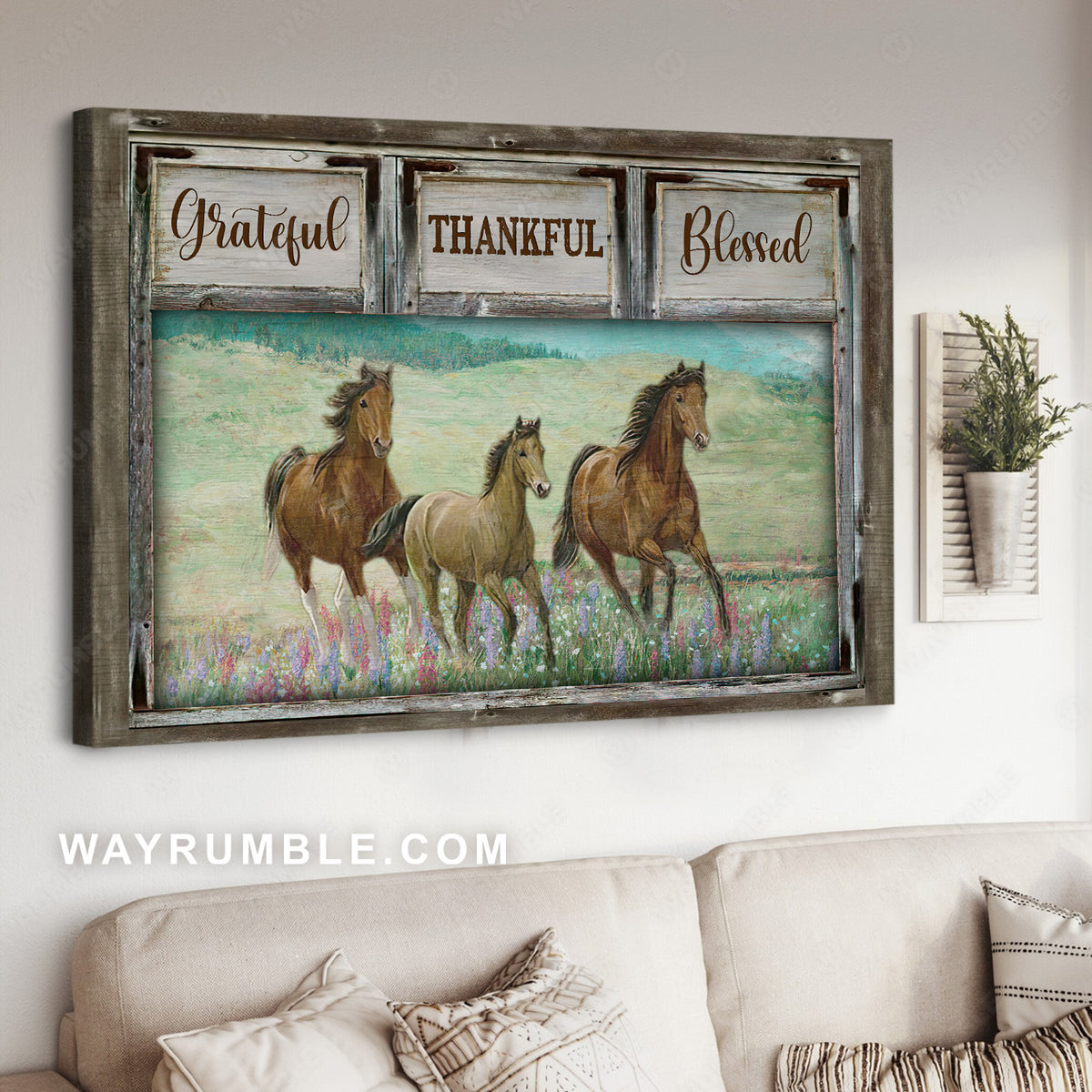 Running horses, Lavender field, Mountain, Grateful, Thankful - Jesus Landscape Canvas Prints, Christian Wall Art