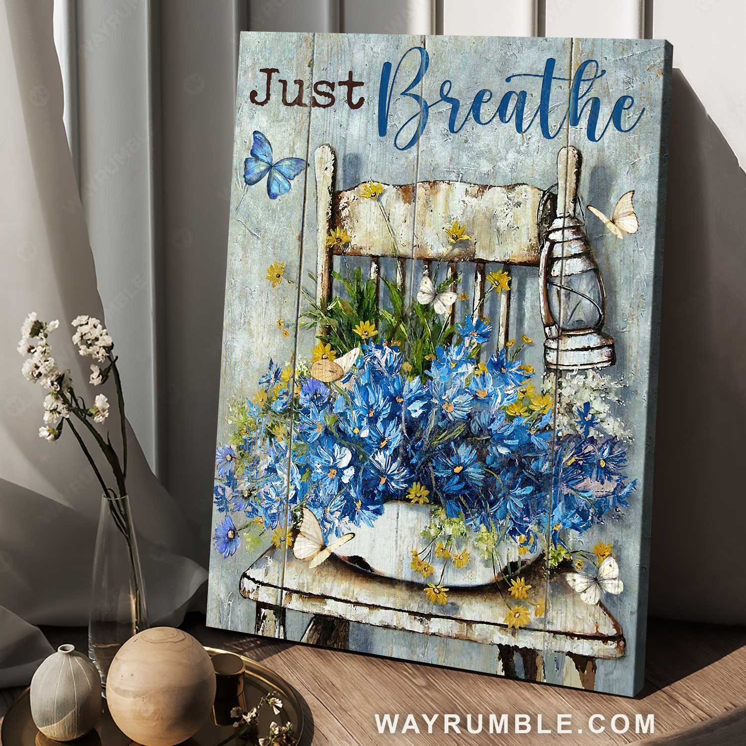 Blue daisy vase, Vintage chair, White butterfly, Just breathe - Jesus Portrait Canvas Prints, Christian Wall Art