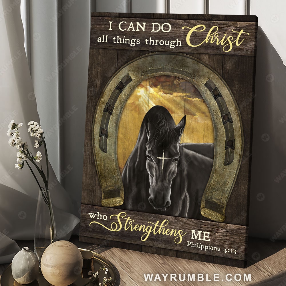 Black horse, Golden horseshoe, I can do all things through Christ who strengthens me - Jesus Portrait Canvas Prints, Christian Wall Art