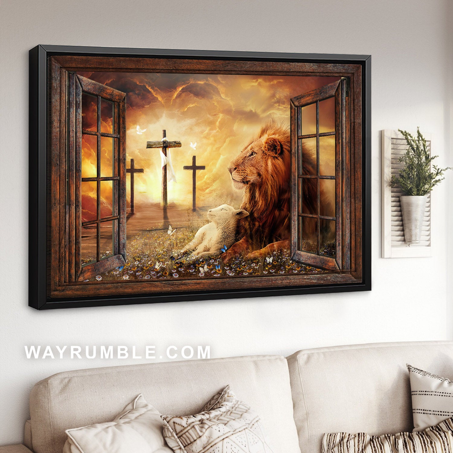 Lion of Judah, Lamb of God, Three rugged crosses, On a peaceful day - Jesus Landscape Canvas Prints, Christian Wall Art 