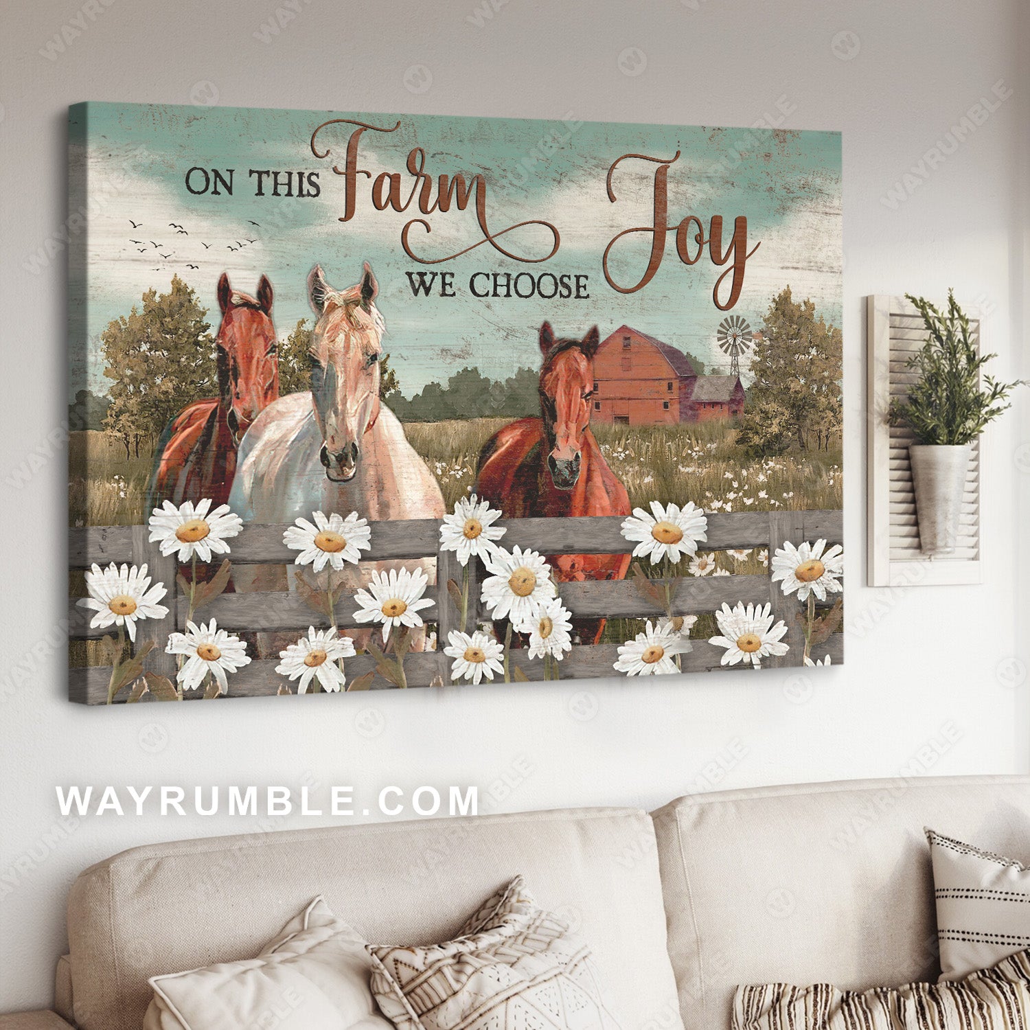 Horse painting, Daisy field, Beautiful sky, On this farm, We choose joy - Jesus Landscape Canvas Prints, Christian Wall Art