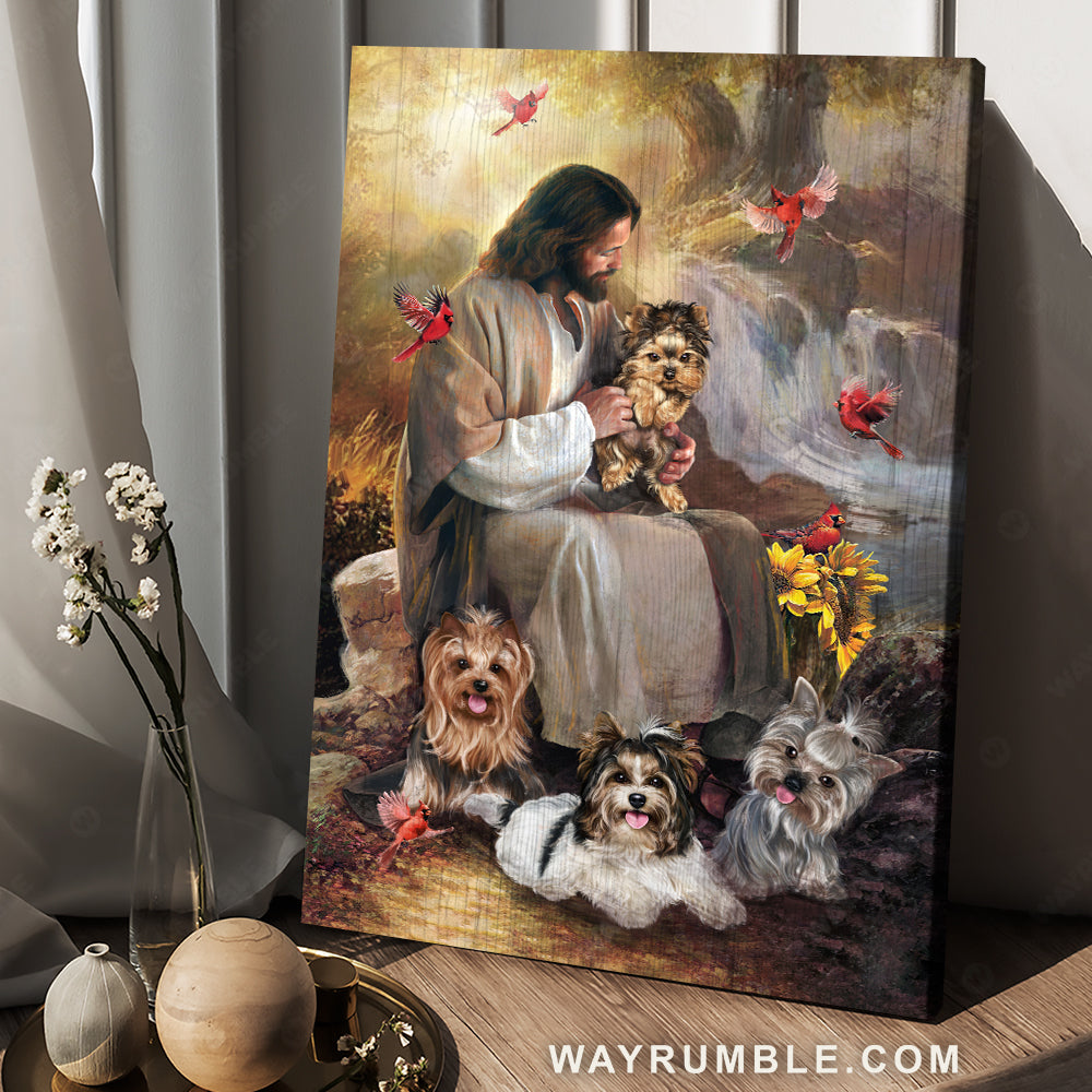 The life of Jesus, Yorkshire Terrier dog, Red cardinal, Magic forest - Jesus Portrait Canvas Prints, Christian Wall Art