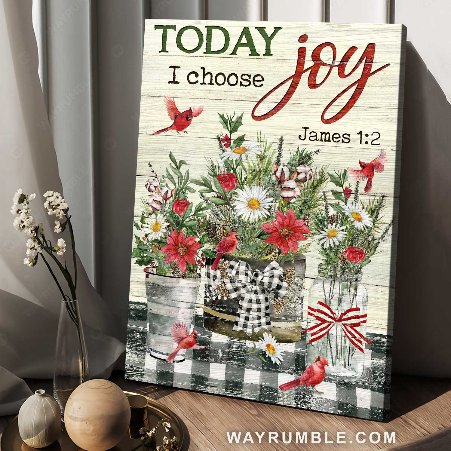 Christmas vibe, Pretty flower vase, Beautiful cardinal, Today I choose joy - Jesus Portrait Canvas Prints, Home Decor Wall Art