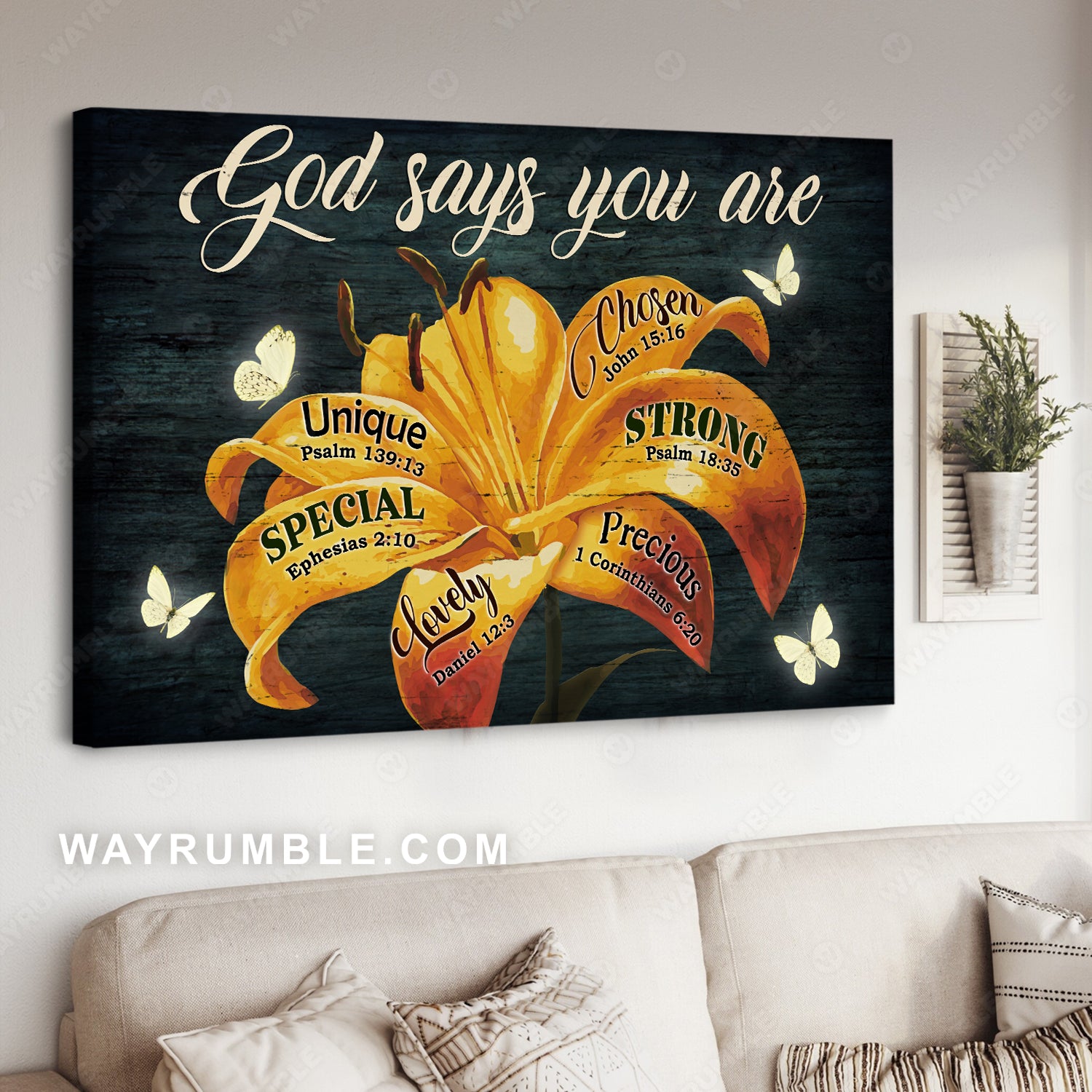 Golden flower, Yellow lily, Pretty butterfly, God says you are unique - Jesus Landscape Canvas Prints, Christian Wall Art