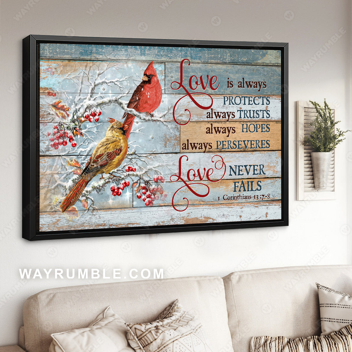 Winter forest, Lucky cardinal, Fresh cranberry, Love is always protects - Jesus Landscape Canvas Prints, Home Decor Wall Art