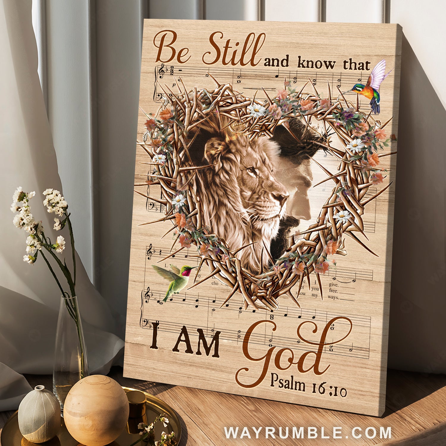 Flower heart, Lion of Judah, Music sheet, Be still and know that I am God - Jesus Portrait Canvas Prints, Home Decor Wall Art