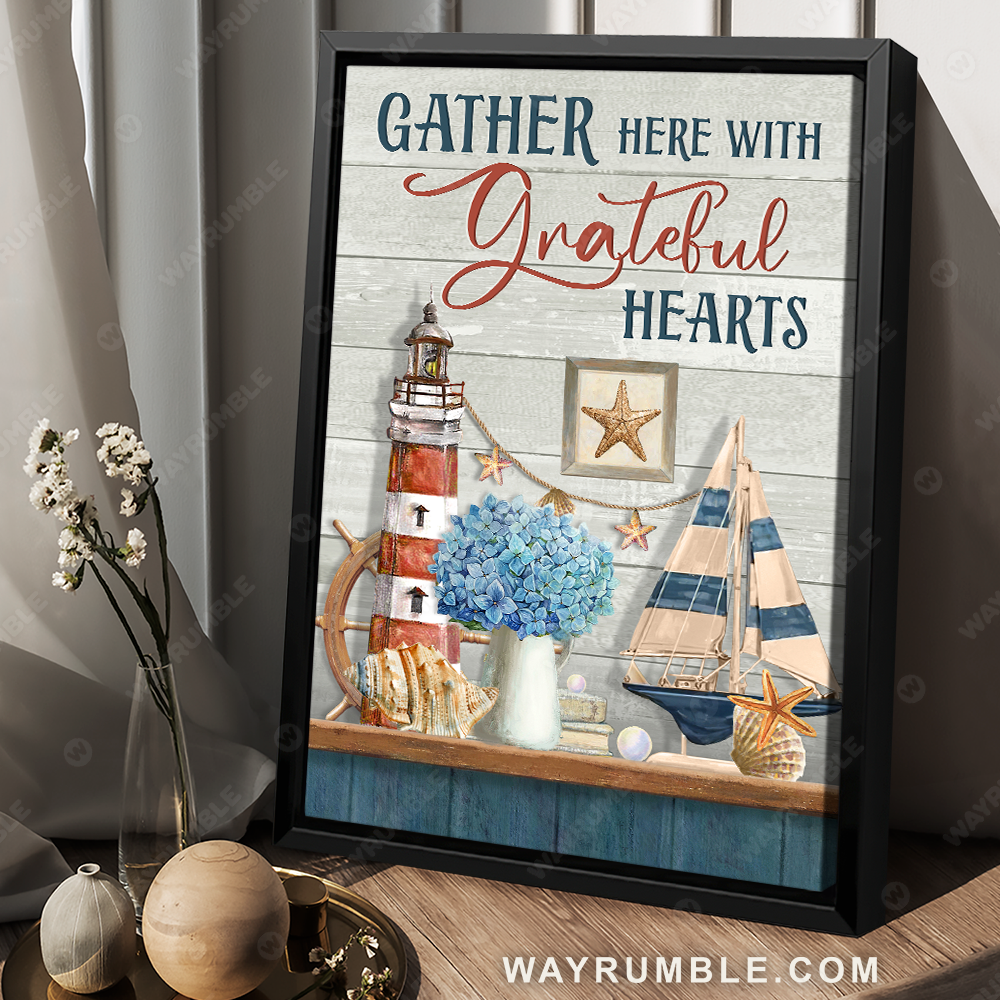 Beautiful lighthouse, Blue hydrangea, Beach symbol, Gather here with grateful hearts - Jesus Portrait Canvas Prints, Christian Wall Art