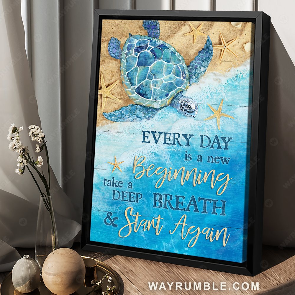 Ocean painting, Blue turtle, Yellow starfish, Every day is a new beginning - Jesus Portrait Canvas Prints, Christian Wall Art